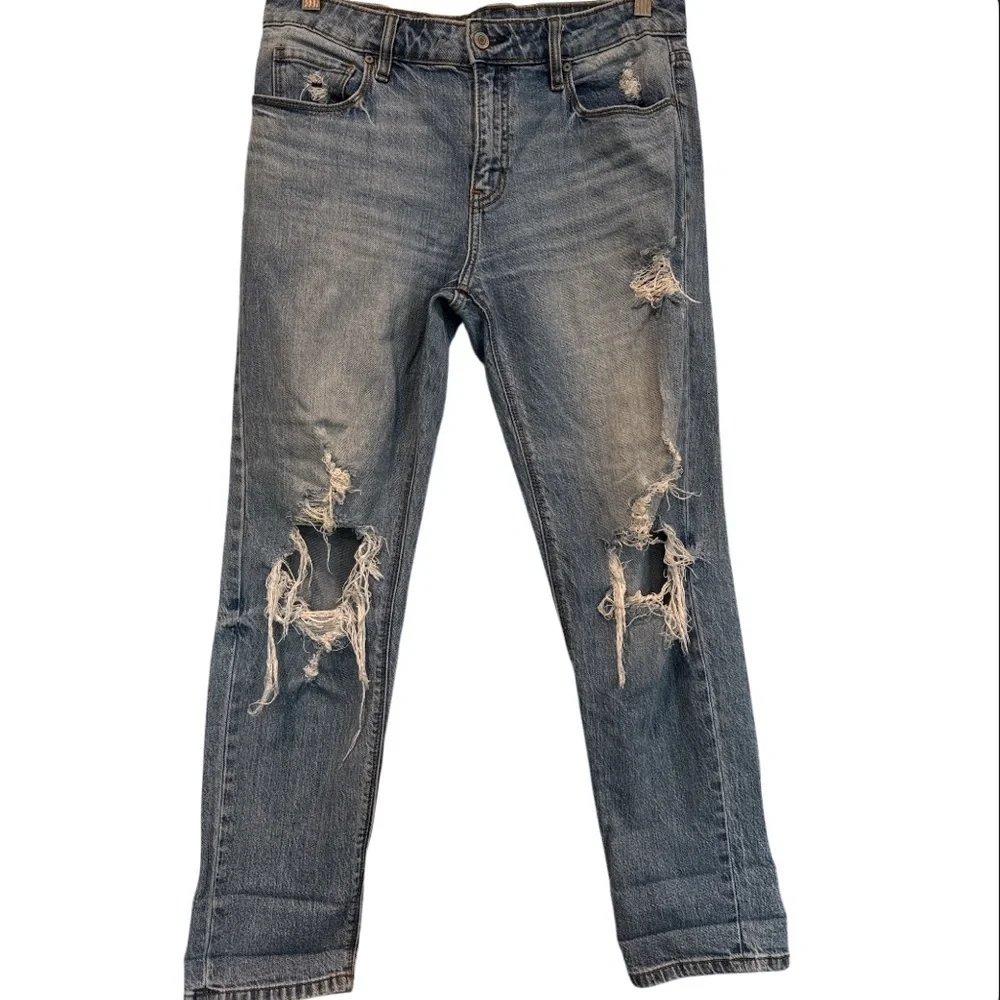 Eunina Frankie Mid Rise Girlfriend Distressed Classic Blue Denim Jeans Size 7